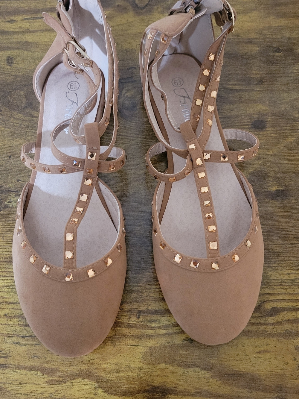 Studded T-Strap Flats in Tan by (unbranded)